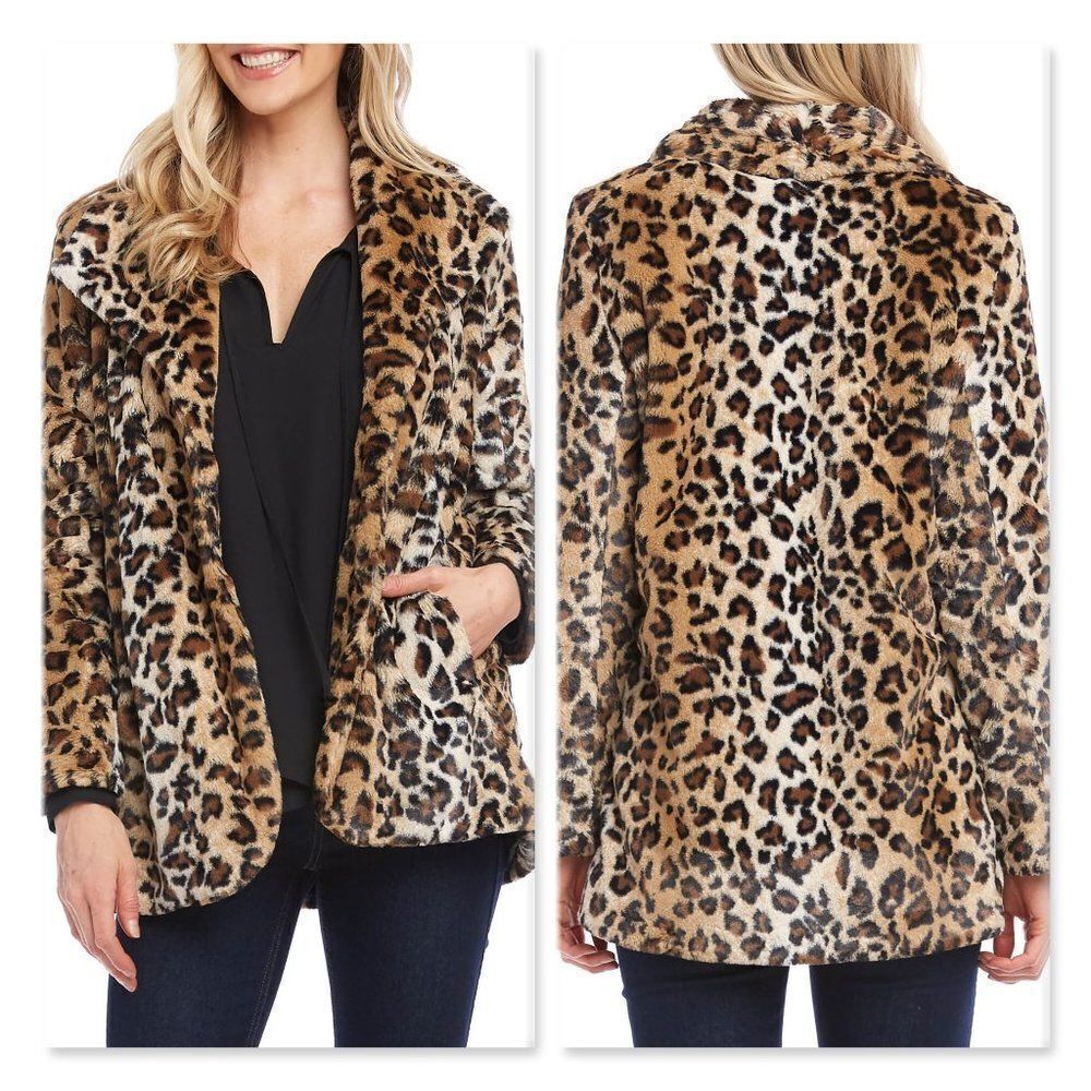 Karen Kane Leopard Print Faux Fur Coat sz XS